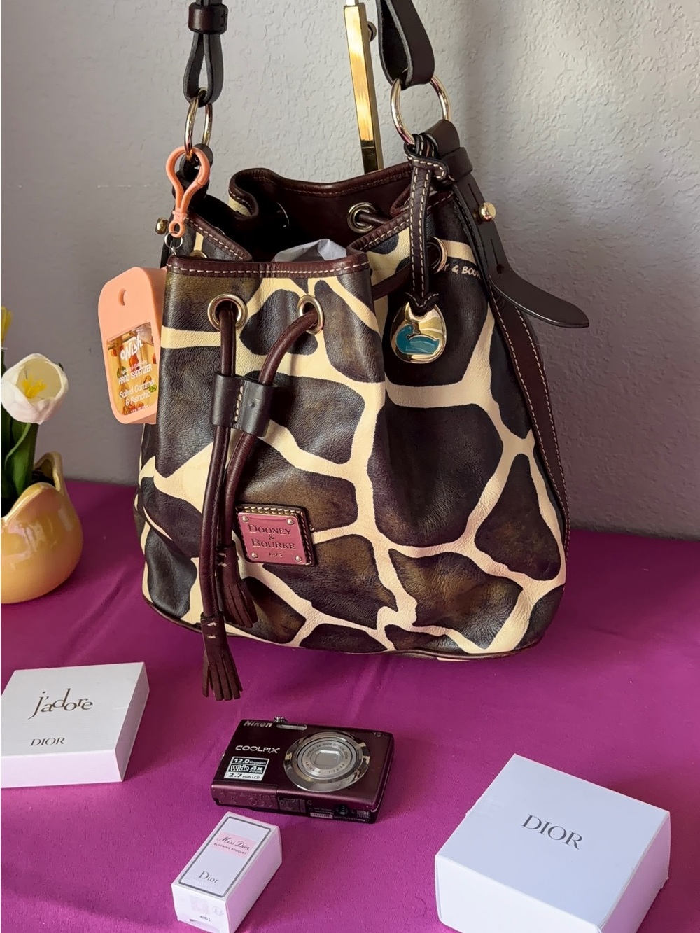 Dooney & Bourke Brown and Cream Giraffe-Print Drawstring Bucket Bag - Picture 4 of 10